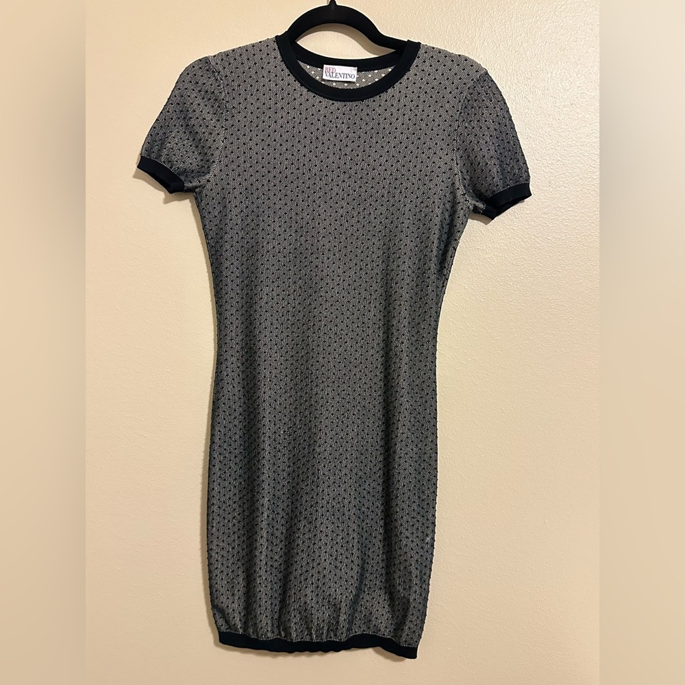 Vintage Red Valentino Black Gray Crew Neck Fitted Mini Knit Dress XS